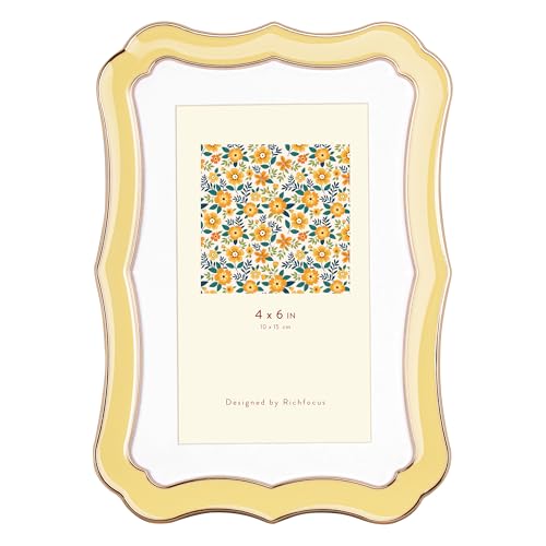 RICHFOCUS 4x6 Enamel Picture Frame with HD-Tempered Glass, Display 3x5 Photo with Mat, Ornate Photo Frame with Gold Metal Edge & Velvet Back for Tabletop & Wall Mount Vertically or Horizontally Display, Yellow - Image 1