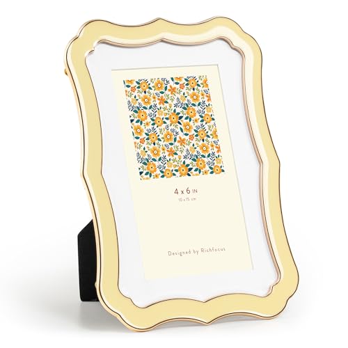 RICHFOCUS 4x6 Enamel Picture Frame with HD-Tempered Glass, Display 3x5 Photo with Mat, Ornate Photo Frame with Gold Metal Edge & Velvet Back for Tabletop & Wall Mount Vertically or Horizontally Display, Yellow - Image 2