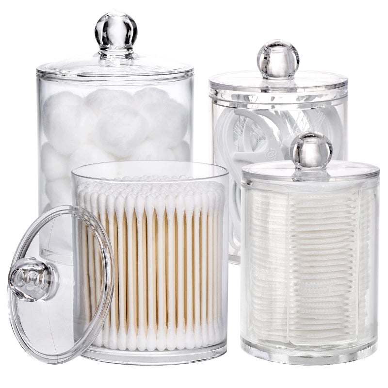 Tbestmax Tbestmax 12 oz 10 oz Qtip Holder 4 Pcs Clear Restroom Bathroom Organizers and Storage Containers for Cotton Ball Cotton Swab Cotton Round Pads Floss Plastic Apothecary Jars Set with Lids 