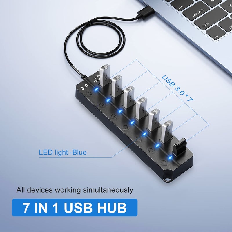 ONFINIO USB Hub 3.0, 7-Port USB Hub Splitter with Individual On/Off Switches and Lights, 3.2ft/1m Long Cable Compatible with MacBook, Laptop, Surface Pro, PS4, PC, Flash Drive, Mobile HDD - Image 2