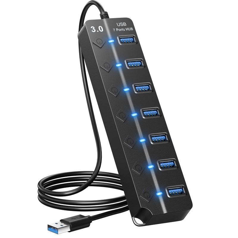 ONFINIO USB Hub 3.0, 7-Port USB Hub Splitter with Individual On/Off Switches and Lights, 3.2ft/1m Long Cable Compatible with MacBook, Laptop, Surface Pro, PS4, PC, Flash Drive, Mobile HDD - Image 1