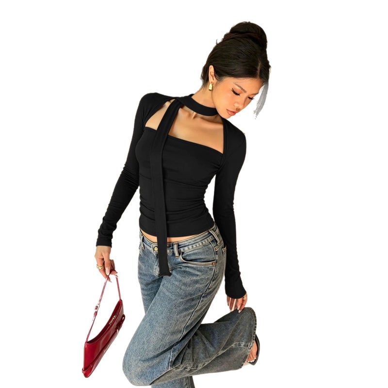 American Square Neck Halter Long Sleeve Slim Fit Tee for Women - Image 5