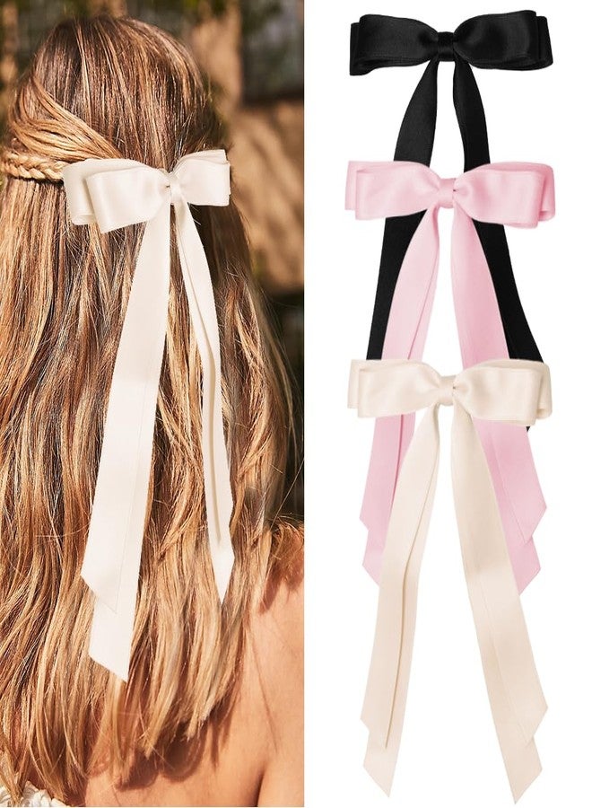 Cerun 3Pcs Luxury Hair Clip, Satin Bows for Hair Clips - Beige, Pink, Black Hair Ribbon Clips for Women and Girls, Romantic Hairstyles, Wide Applications - Image 1