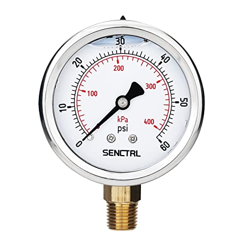 SENCTRL 60 Psi Glycerin Liquid Filled Low Pressure Gauge, 2.5" Dial Size, 1/4" NPT Lower Mount, Stainless Steel Case, Pool Sand Filter Water Pump Tire Water Oil Air Pressure Test - Image 1