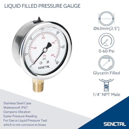 SENCTRL 60 Psi Glycerin Liquid Filled Low Pressure Gauge, 2.5" Dial Size, 1/4" NPT Lower Mount, Stainless Steel Case, Pool Sand Filter Water Pump Tire Water Oil Air Pressure Test - Image 2