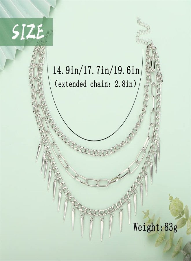 Aimimier Layered Gothic Silver Link Chains Necklace Punk Choker Rock Collar Spike Rivet Studded Pendant Festival Hiphop Jewelry for Women - Image 4