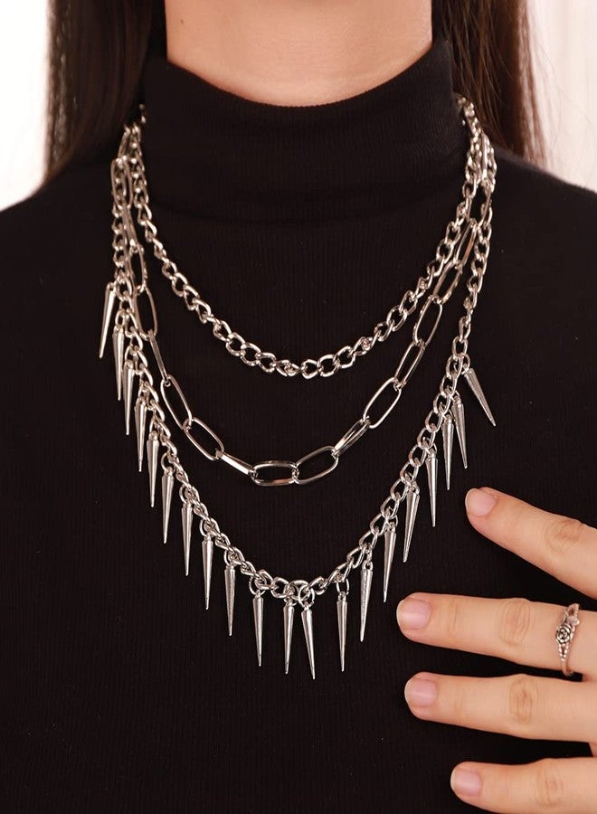 Aimimier Layered Gothic Silver Link Chains Necklace Punk Choker Rock Collar Spike Rivet Studded Pendant Festival Hiphop Jewelry for Women - Image 2