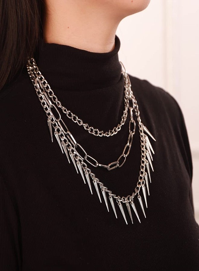 Aimimier Layered Gothic Silver Link Chains Necklace Punk Choker Rock Collar Spike Rivet Studded Pendant Festival Hiphop Jewelry for Women - Image 3