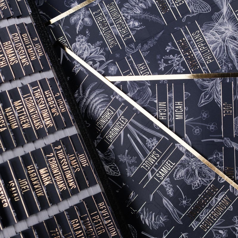 UPAFEXXI-Laminated Bible Tabs for Women and Men (Gold Foil Embossed Lettering) Reposition Large Print tabs, Easy to Read and Apply, 80 Bible Chapters Labels for Easy Navigation (Blue and Floral) - Image 1