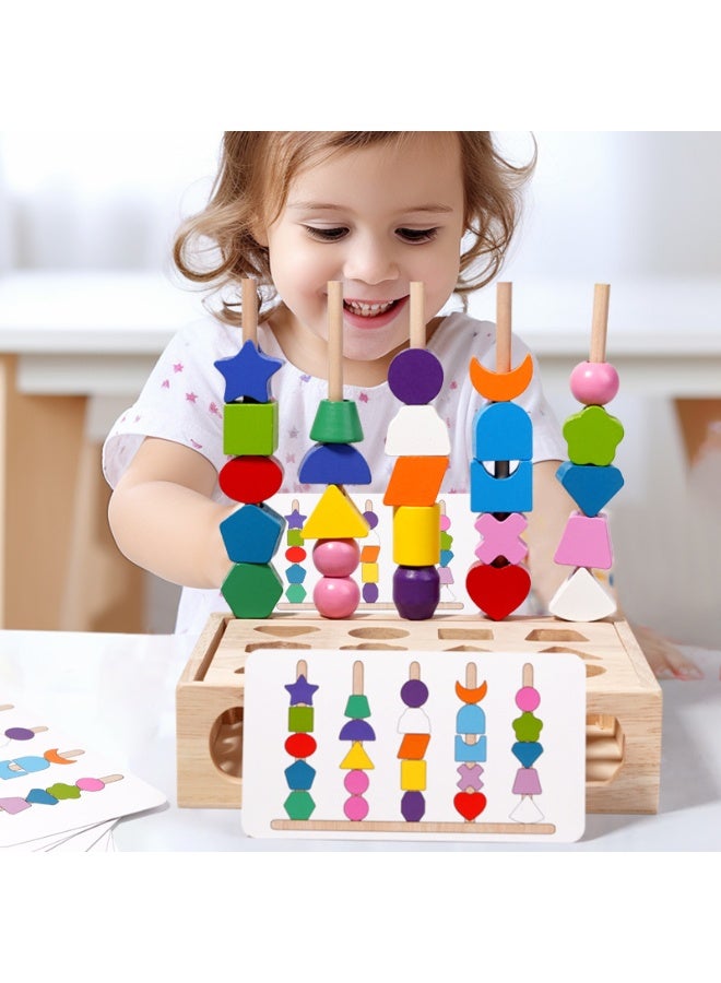 General 3 in 1 Montessori Wooden Sorting and Lacing Toy Set, Geometric Shape Matching Beads Sequencing Game for Toddlers, Color Sorting Stacking Fine Motor Skills Learning Toys for Kids Age 3+  - Image 2