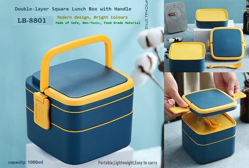 Mayatra's Double-Layer Airtight Square Lunch Box with Handle , 2 Compartment Tiffin with Handle & Push Lock , Plastic Tiffin Box for Travelling, School Kids & Office Exclusive. - Image 2