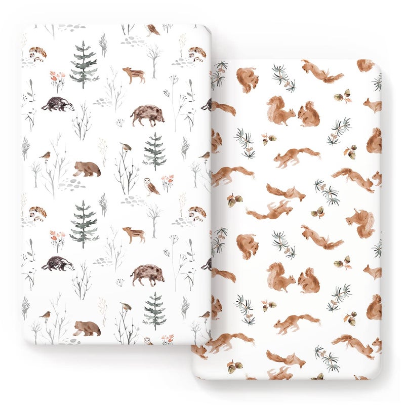 Stretch Ultra Soft Jersey Knit Fitted Crib Sheets Set 2 PackFit All Standard Crib Mattress Pads Safe and Snug Crib Fitted Sheet for Baby Cute Jungle Squirrels and Animals