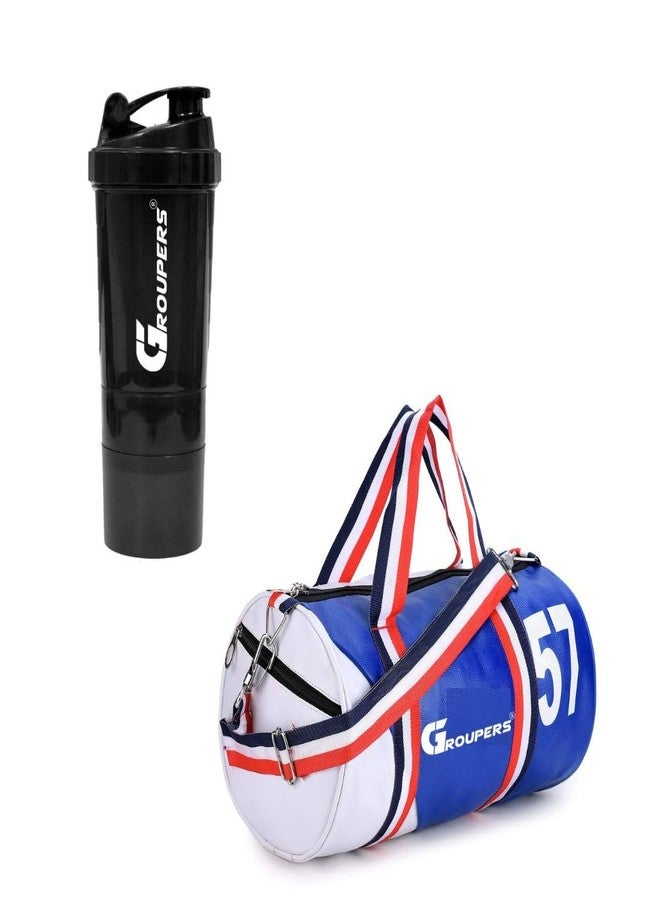 Groupers 20-25L Foldable Gym Bag Combo - Blue & White Duffle with Shoe Compartment + 500ml Shaker, Lightweight Water-Resistant Travel & Weekender Bag for Men & Women - Image 1