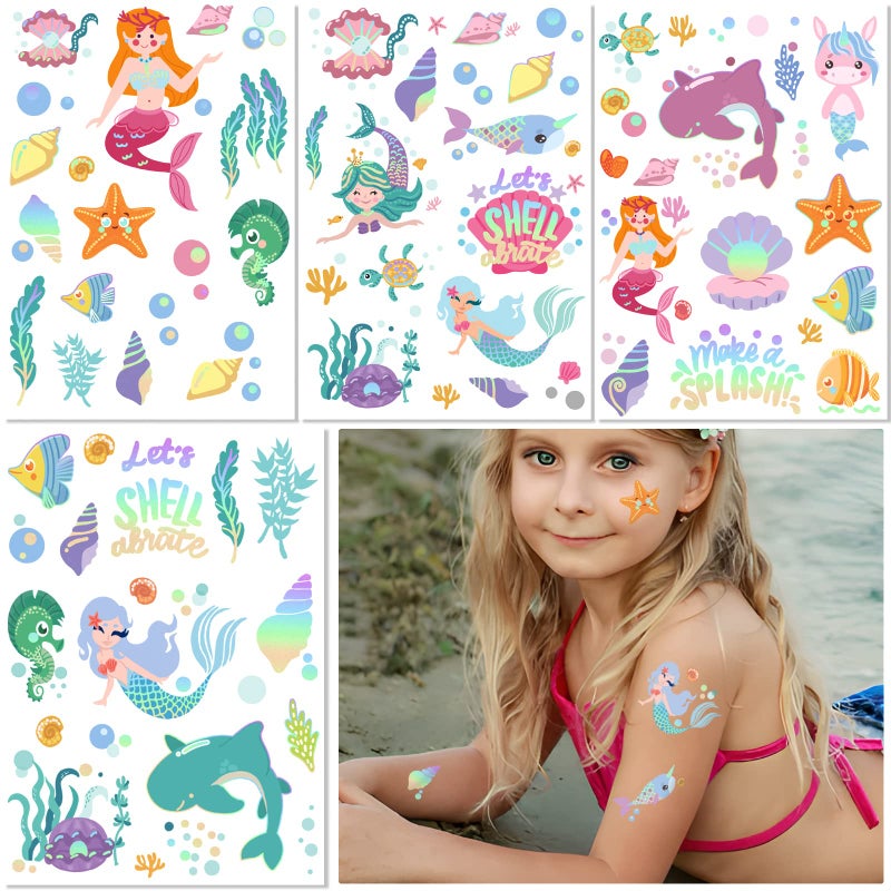 Metuu Temporary Tattoos Mermaid for Kids  80+ Metallic Foil Styles Bronzing Fake Tattoos  4 Sheets Tats | Birthday Party Supplies  Easter Present  Ocean Animal Design Tattoos for Boy and Girls - Image 2