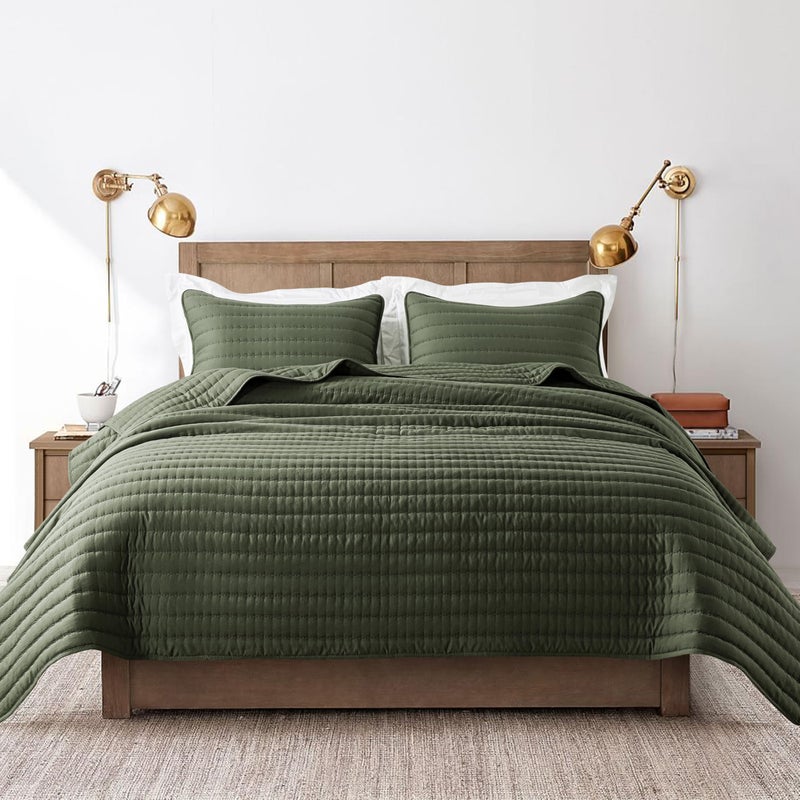 ROARINGWILD Olive Green King Size Quilt Set, Striped Pick Stitch Lightweight Bedspread, Soft Channel Farmhouse Rustic Coverlet, Spring Summer Thin Comforter, Country Bedding, 104x90 inches - Image 2