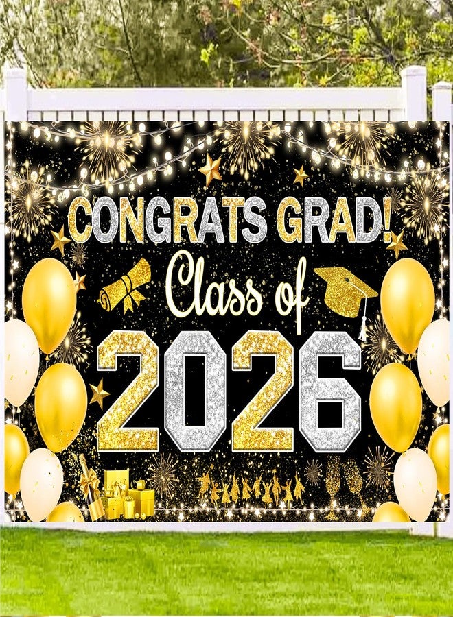 Famoby Congrats Grad Class of 2026 Hanging Banner Fabric Sign Poster Background Balloons Photo Booth Backdrop for Graduation Party Decoration - Image 1