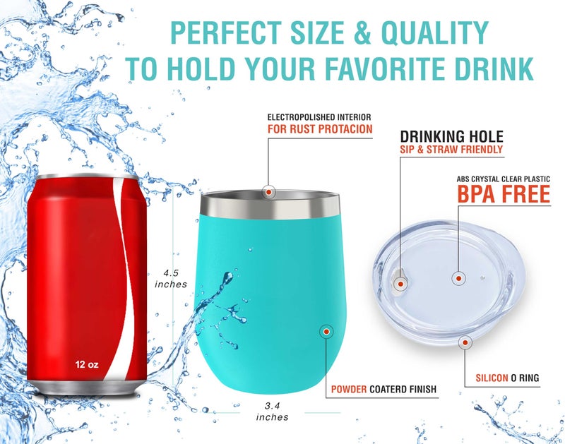 CHILLOUT LIFE 12 oz Stainless Steel Wine Tumbler with Lid - Double Wall Vacuum Insulated Wine Cup Glass Keeping Cold & Hot for Coffee, Champagne, Cocktails, Ice Cream - Powder Coated Aqua Blue - Image 4