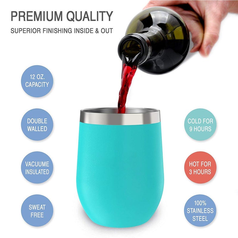 CHILLOUT LIFE 12 oz Stainless Steel Wine Tumbler with Lid - Double Wall Vacuum Insulated Wine Cup Glass Keeping Cold & Hot for Coffee, Champagne, Cocktails, Ice Cream - Powder Coated Aqua Blue - Image 2