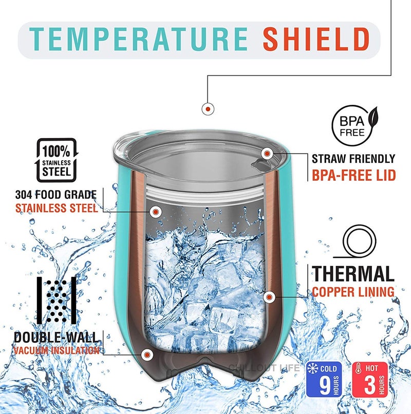 CHILLOUT LIFE 12 oz Stainless Steel Wine Tumbler with Lid - Double Wall Vacuum Insulated Wine Cup Glass Keeping Cold & Hot for Coffee, Champagne, Cocktails, Ice Cream - Powder Coated Aqua Blue - Image 3