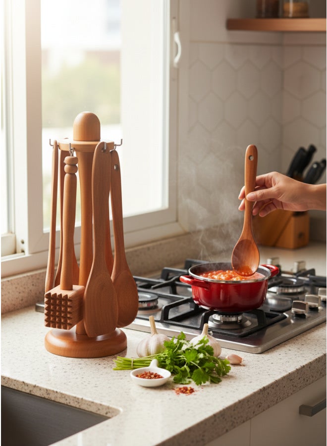 CASA HOME CasaHome Natural Wood Kitchen Utensil Set with Rotating Stand Multi-Piece Cooking Tools Egypt - Image 2