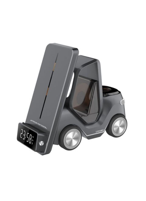 Empty Room Forklift 15W Wireless Charging Station with Alarm Clock, 5-in-1 Charging Dock Dock for iPhone 15 14 13 12 11 Pro Max/X/XS/Apple Watch S2-S7 SE/Airpods