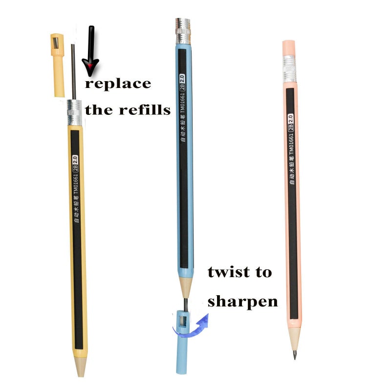 Lopenle mechanical pencils (wood like) 12-Pack Colorful Wood-Imitating Automatic Pencils 2.0mm, 2B Lead, with Built-in Sharpener (6 Assorted Colors) + 10 Extra Refill Leads - Image 2