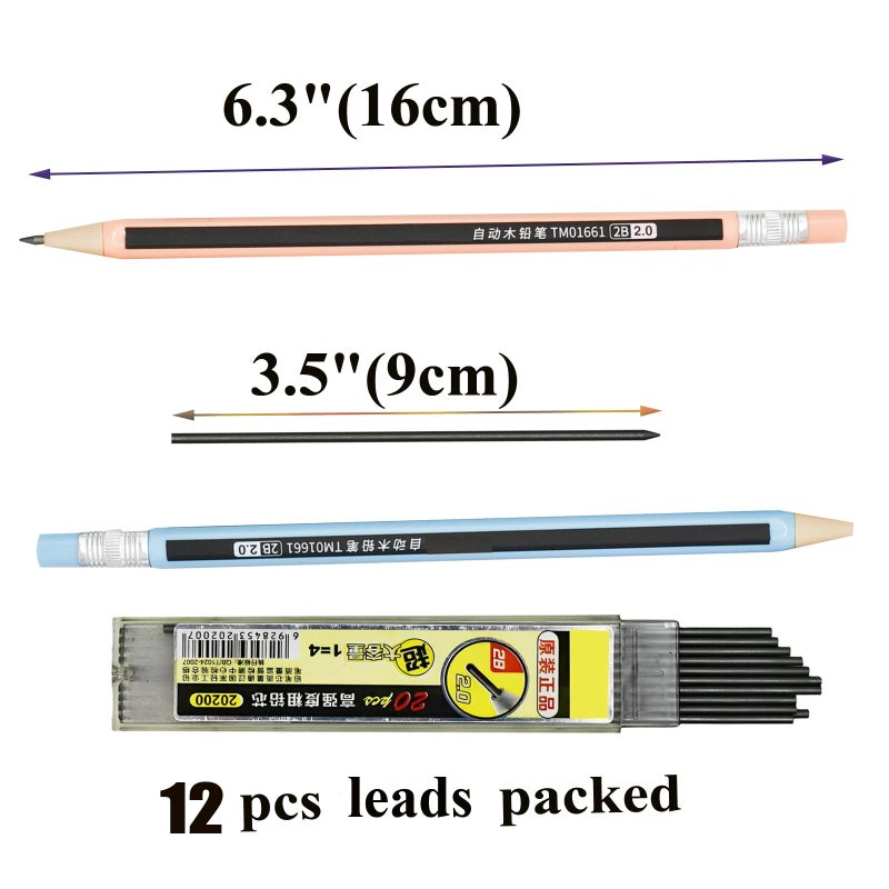 Lopenle mechanical pencils (wood like) 12-Pack Colorful Wood-Imitating Automatic Pencils 2.0mm, 2B Lead, with Built-in Sharpener (6 Assorted Colors) + 10 Extra Refill Leads - Image 4