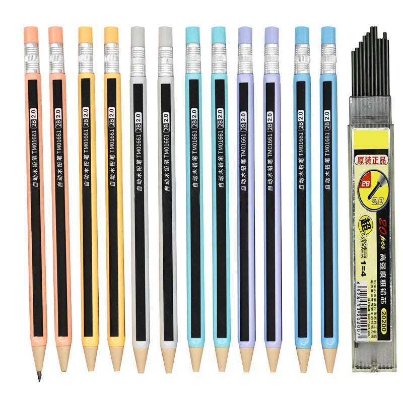Lopenle mechanical pencils (wood like) 12-Pack Colorful Wood-Imitating Automatic Pencils 2.0mm, 2B Lead, with Built-in Sharpener (6 Assorted Colors) + 10 Extra Refill Leads - Image 1