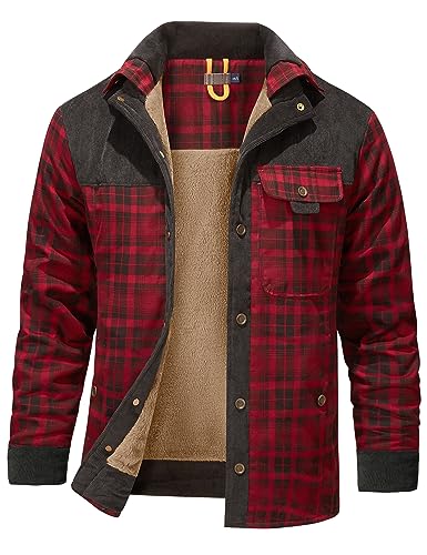 Flygo Mens Flannel Jacket Loose Plaid Sherpa Lined Flannel Shirt Snap Button Warm Winter Jackets PocketsRedM