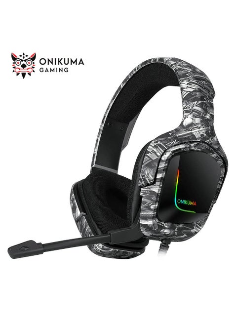 K20 Wired Gaming Headset for PS4, Xbox One with Noise Cancelling Mic with Mute & Volume Control, Lightweight Ergonomic Cool RGB - Camouflage Grey