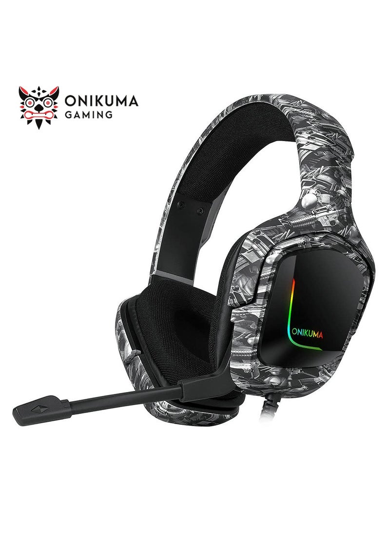 K20 Wired Gaming Headset for PS4, Xbox One with Noise Cancelling Mic with Mute & Volume Control, Lightweight Ergonomic Cool RGB - Camouflage Grey