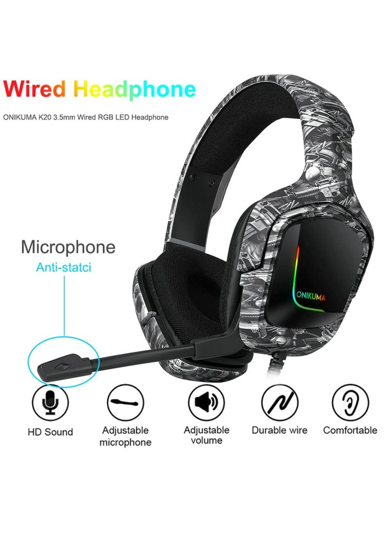 K20 Wired Gaming Headset for PS4, Xbox One with Noise Cancelling Mic with Mute & Volume Control, Lightweight Ergonomic Cool RGB - Camouflage Grey