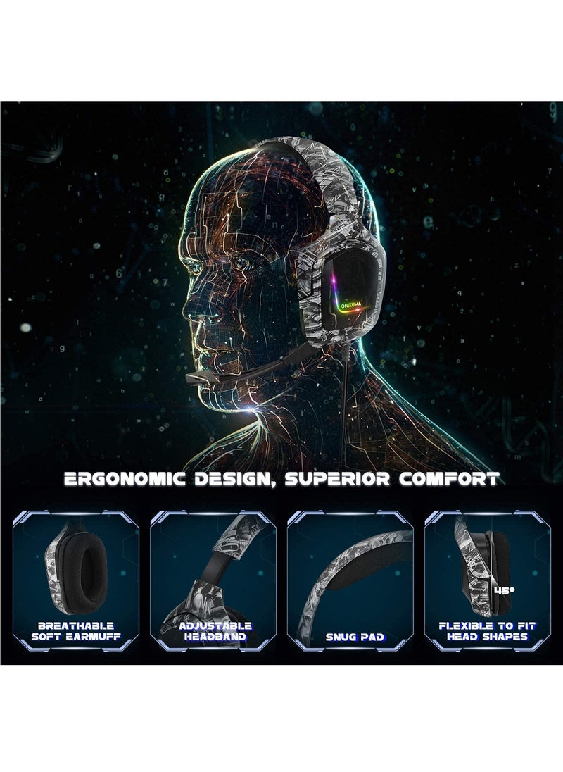 K20 Wired Gaming Headset for PS4, Xbox One with Noise Cancelling Mic with Mute & Volume Control, Lightweight Ergonomic Cool RGB - Camouflage Grey