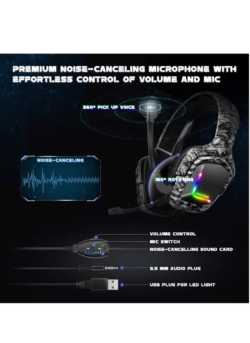 K20 Wired Gaming Headset for PS4, Xbox One with Noise Cancelling Mic with Mute & Volume Control, Lightweight Ergonomic Cool RGB - Camouflage Grey
