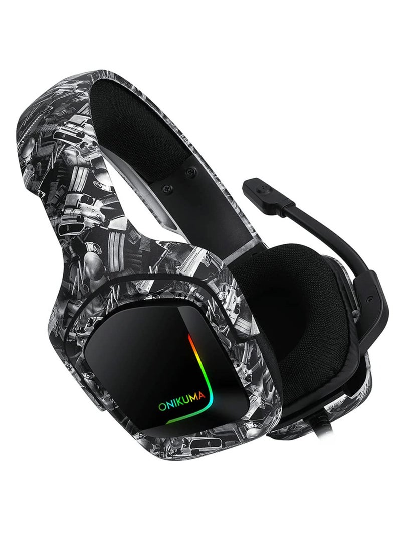 K20 Wired Gaming Headset for PS4, Xbox One with Noise Cancelling Mic with Mute & Volume Control, Lightweight Ergonomic Cool RGB - Camouflage Grey
