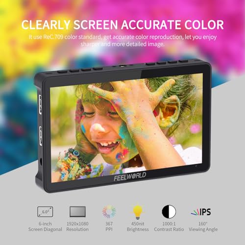 Feelworld فيليوورلد F5 برو V4 شاشة لمس 6 بوصة لمراقبة كاميرات DSLR مع 3D LUT F970 مجموعة تركيب خارجية للطاقة والنقل اللاسلكي IPS FHD1920x1080 4K مدخل HDMI ومخرج 5V Type-c مدخل ذراع قابل للإمالة - Image 2