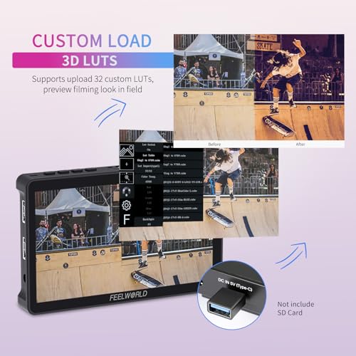 Feelworld فيليوورلد F5 برو V4 شاشة لمس 6 بوصة لمراقبة كاميرات DSLR مع 3D LUT F970 مجموعة تركيب خارجية للطاقة والنقل اللاسلكي IPS FHD1920x1080 4K مدخل HDMI ومخرج 5V Type-c مدخل ذراع قابل للإمالة - Image 4