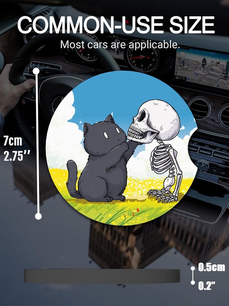 WOCOCN Cute Cup Holder Coasters for Your Car with Fingertip Grip, Auto Accessories for Women & Men,Pack of 2 (Black Cat and Skull) - Image 2