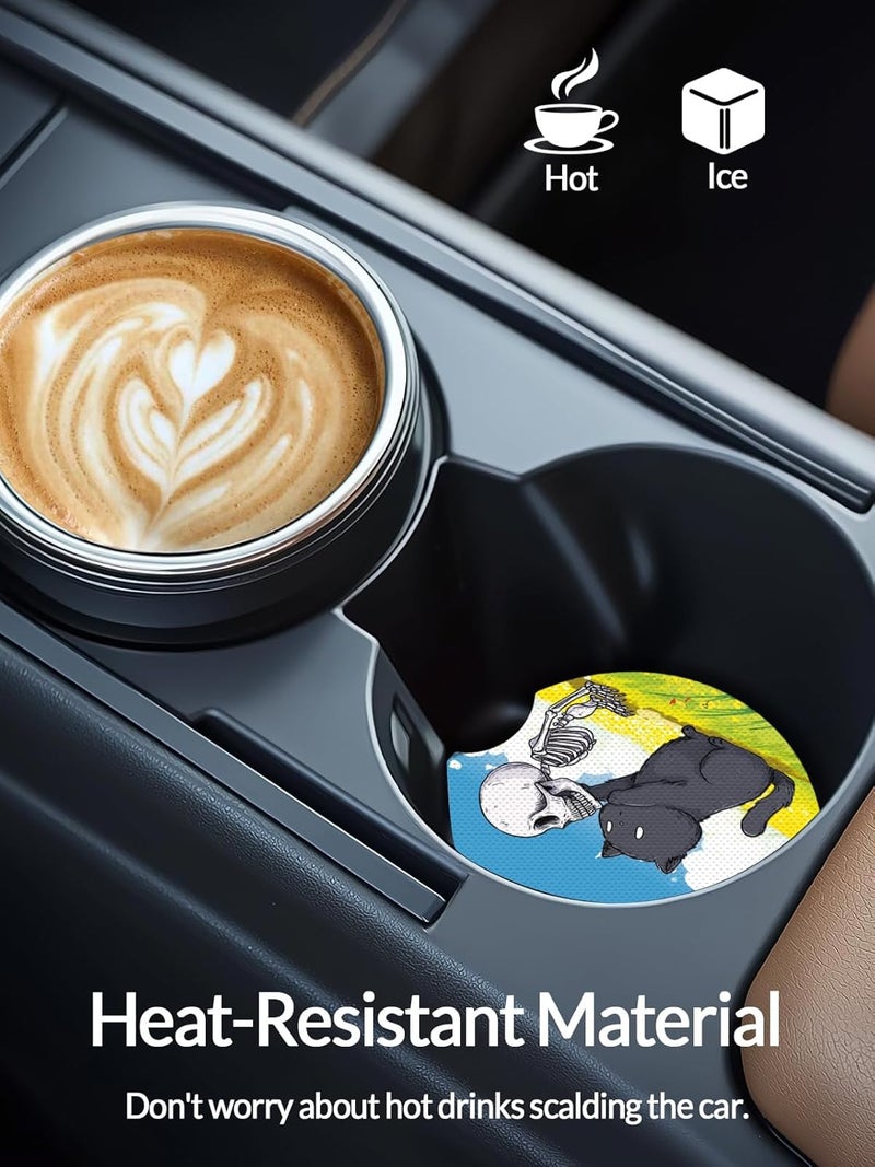 WOCOCN Cute Cup Holder Coasters for Your Car with Fingertip Grip, Auto Accessories for Women & Men,Pack of 2 (Black Cat and Skull) - Image 3
