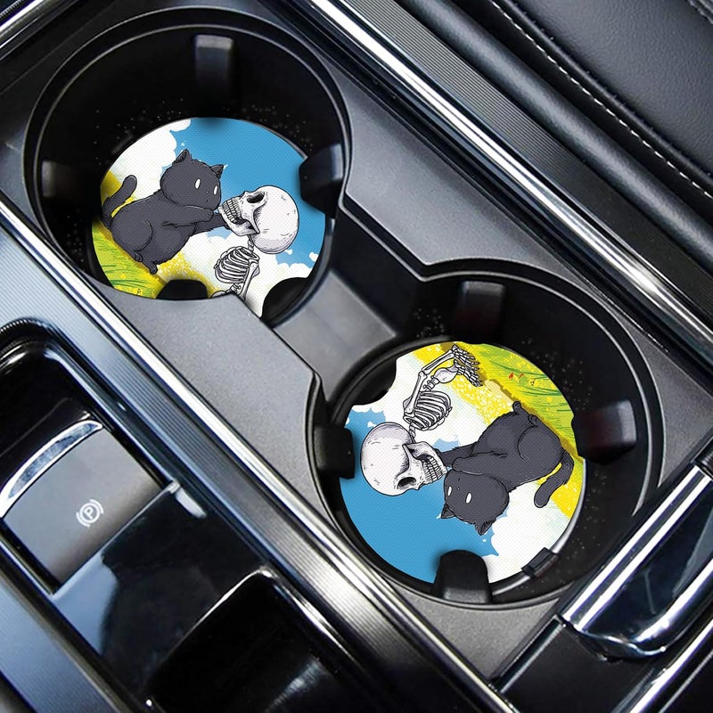 WOCOCN Cute Cup Holder Coasters for Your Car with Fingertip Grip, Auto Accessories for Women & Men,Pack of 2 (Black Cat and Skull) - Image 1
