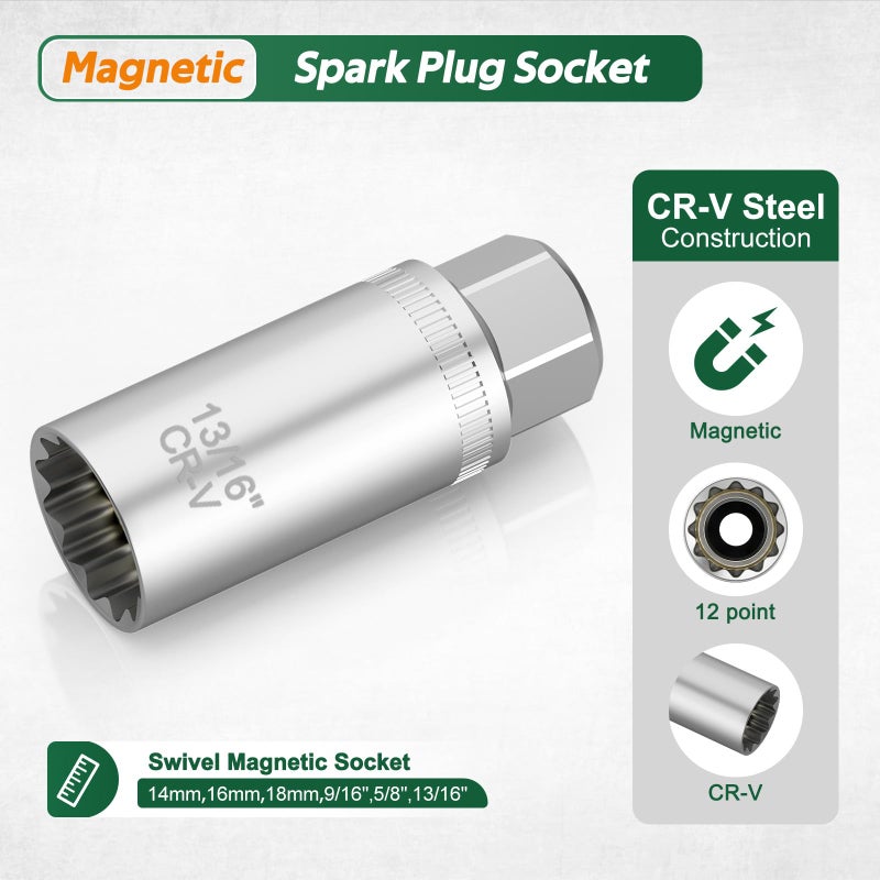 TIWINTUL 3/8 Inch Drive Spark Plug Socket Set, 12 Point, 11Pcs SAE & Metric Sizes 14mm, 16mm, 18mm, 9/16â€, 5/8â€, 13/16â€, Magnetic Spark Plug Removal Tool with Extension Bar for Cars and Motorcycles - Image 3