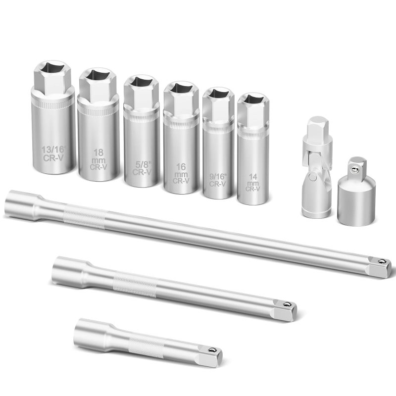 TIWINTUL 3/8 Inch Drive Spark Plug Socket Set, 12 Point, 11Pcs SAE & Metric Sizes 14mm, 16mm, 18mm, 9/16â€, 5/8â€, 13/16â€, Magnetic Spark Plug Removal Tool with Extension Bar for Cars and Motorcycles - Image 1