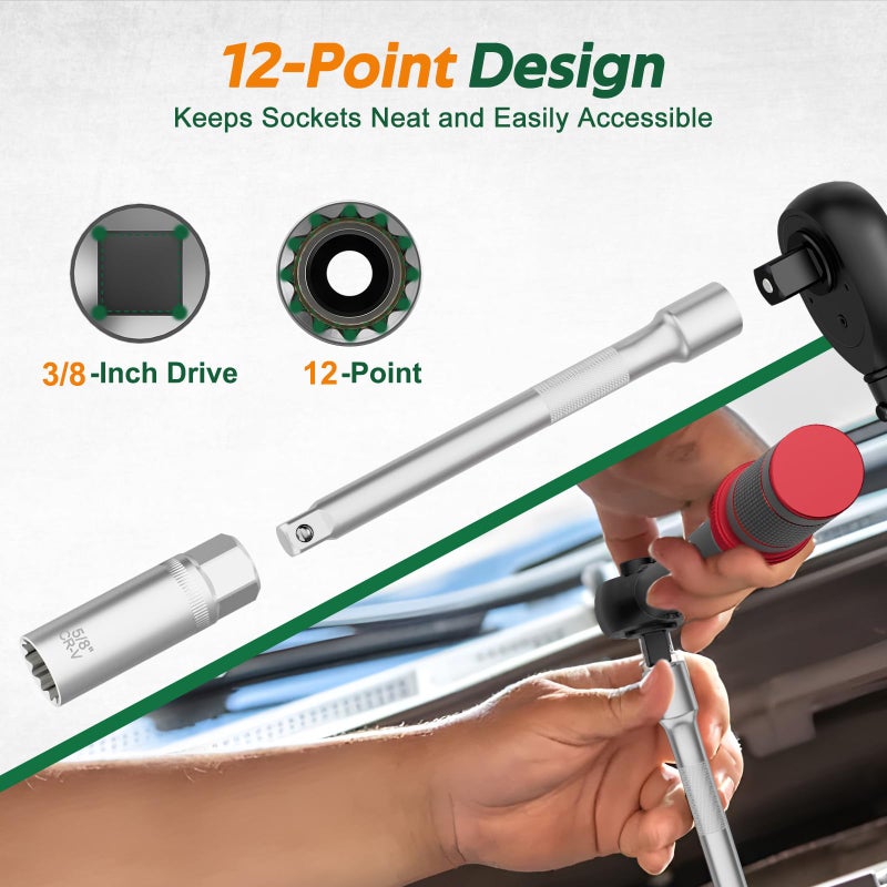 TIWINTUL 3/8 Inch Drive Spark Plug Socket Set, 12 Point, 11Pcs SAE & Metric Sizes 14mm, 16mm, 18mm, 9/16â€, 5/8â€, 13/16â€, Magnetic Spark Plug Removal Tool with Extension Bar for Cars and Motorcycles - Image 5