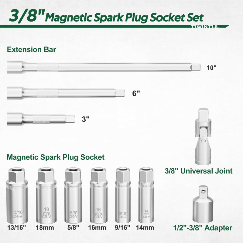 TIWINTUL 3/8 Inch Drive Spark Plug Socket Set, 12 Point, 11Pcs SAE & Metric Sizes 14mm, 16mm, 18mm, 9/16â€, 5/8â€, 13/16â€, Magnetic Spark Plug Removal Tool with Extension Bar for Cars and Motorcycles - Image 2