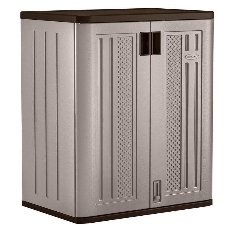suncast Suncast Base Storage Cabinet for Garage Organization 9 Cu Ft Capacity Platinum Metallic  Slate  Lockable MultiWall 2Shelf Resin Organizer for Garden Supplies Paint Cans  Outdoor Tools 
