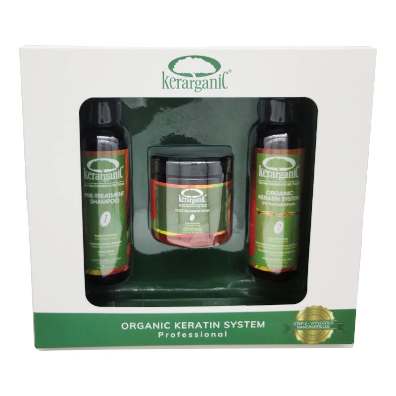 KERARGANIC Formaldehyde-Free Keratin System DIY Set: Pre-Treatment Shampoo, Hair Treatment, Post-Treatment Mask with Argan Oil - (4oz each) - Image 1
