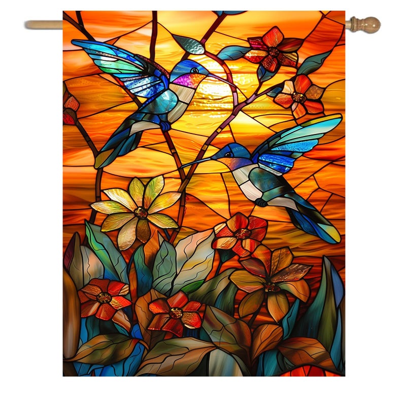 DZGlobal Stained Glass Hummingbird Garden Flag Spring Summer House Flag Fall Floral Decorative Yard Flags for Outside 28x40 Double Sided Large Seasonal Lawn Flags Rustic Outdoor Decor - Image 1