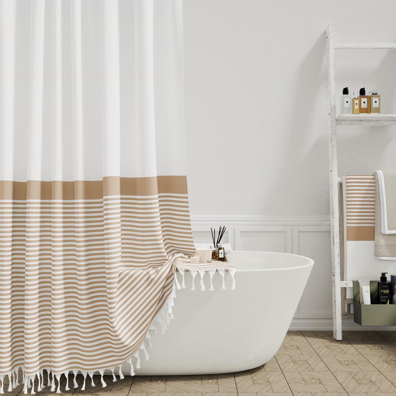 Dynamene 78 بوصة ستارة دش طويلة مزرعة بوهو مخططة النسيج الستائر دش الدش للحمام طويل القامة البوهيمي مقاوم للماء الستار دش مجموعة مع السنانير بيج 72x78 - Image 1