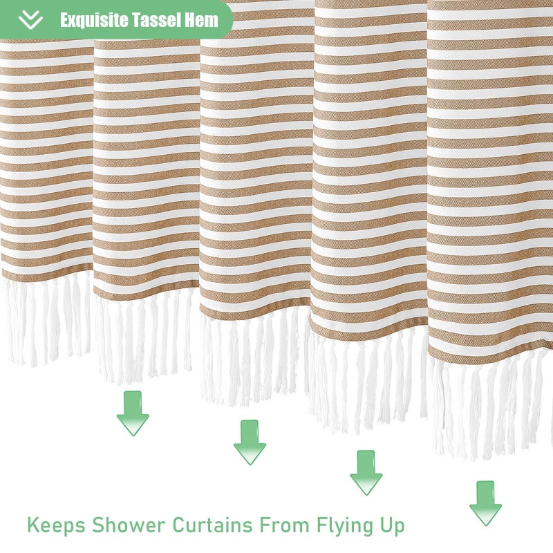 Dynamene 78 بوصة ستارة دش طويلة مزرعة بوهو مخططة النسيج الستائر دش الدش للحمام طويل القامة البوهيمي مقاوم للماء الستار دش مجموعة مع السنانير بيج 72x78 - Image 4