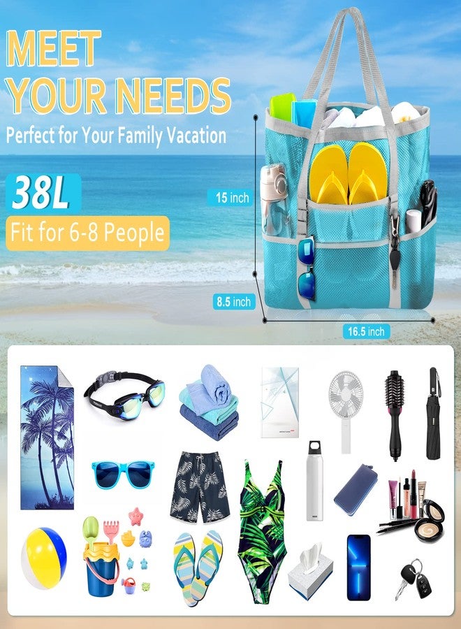 SRISE Mesh Beach Bag - Large Beach Tote Bag for Family Beach Bag for Toys & Vacation Essentials (Sky Blue), Sky Blue, Large, Stylish - Image 2